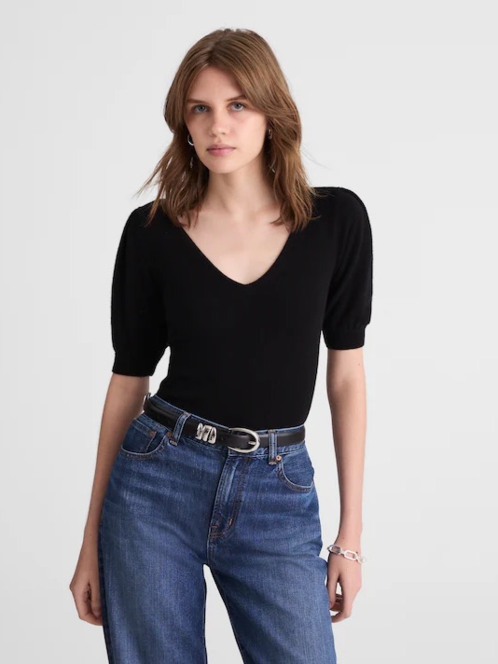 NWT! Madewell - V-Neck Puff-Sleeve Sweater Tee in Cashmere - Black - Size Large